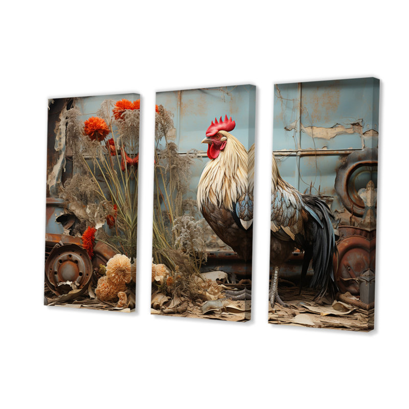 Poulet Barnyard Serenade sur toile, reproduction de 3 pièces, H 28 po x l 36 po x P 1 po
