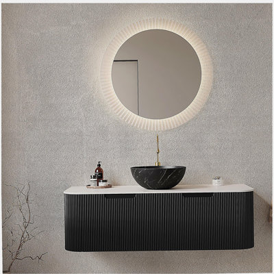 Meuble-lavabo de salle de bain 48 po avec lavabo, lavabo à fixation murale et bords arrondis flottants à 2 tiroirs, lavabo à cuve en céramique noir avec motif en pierre