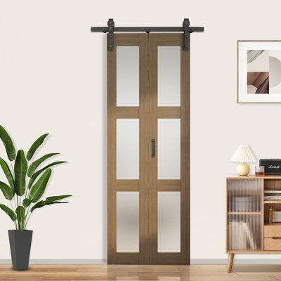 3-Lite Bi-Fold Barn Door Frosted Glass Manufactured Wood With Installation Hardware Kit