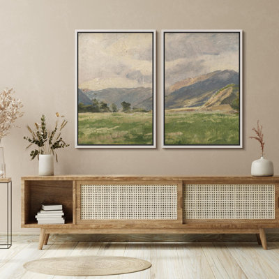 Rustic Countryside "Majestic Mountain Fields Nature Landscape, reproduction d'art sur toile encadrée 2 pièces