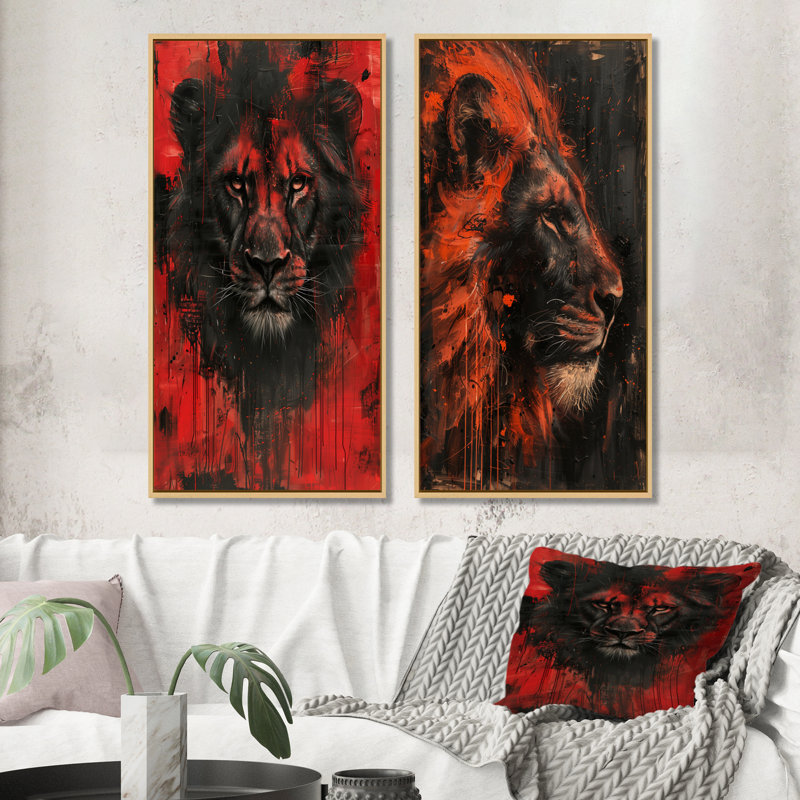 Ensemble de 2 pièces d'art mural noir et rouge avec astrologie du Royaume de Lion I, H 32 po x l 32 po, Impression encadrée