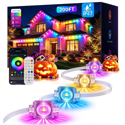 200FT Permanent Outdoor Eaves Lights, 60 LED RGBIC Smart Eave Lights with App & RF Remote, IP67 Waterproof Permanent Holiday Lights for House, Halloween Christmas Party Decoration
