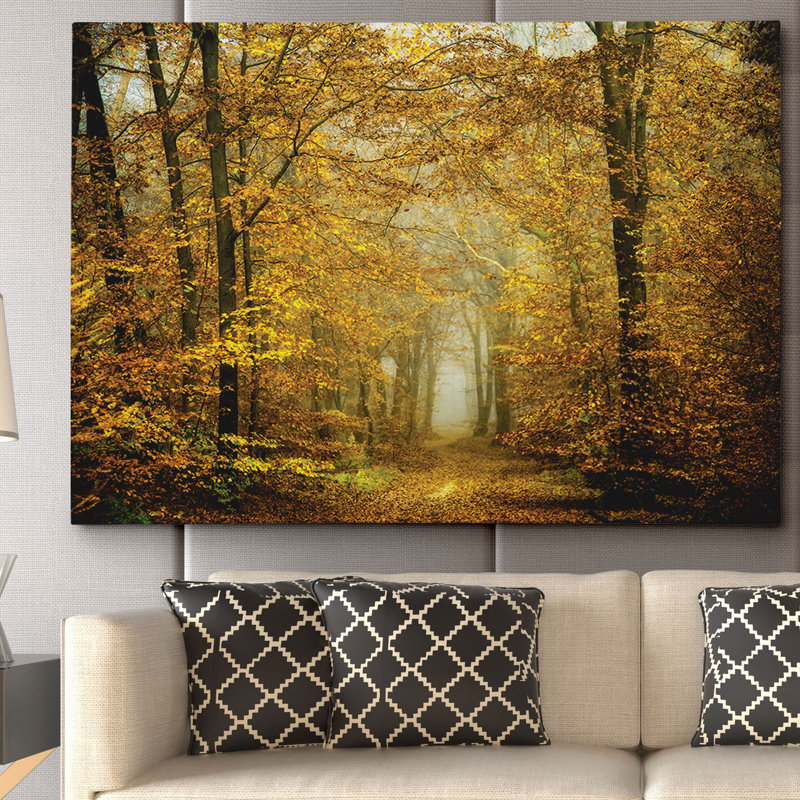 Golden Autumn Forest Path Framed Canvas Print