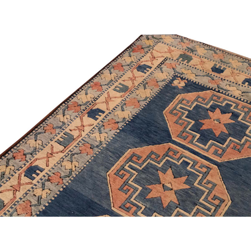 Tapis oriental de haute qualité en laine noué à la main bleu marine / orange / crème
