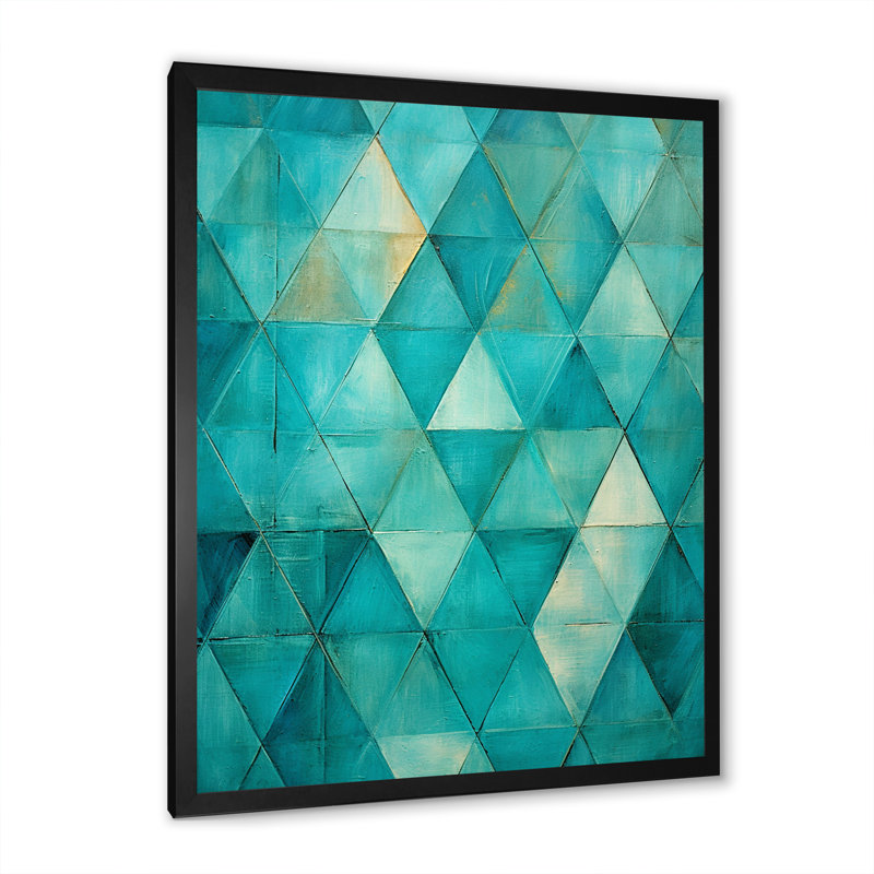 Turquoise Triangles I - formes abstraites, art mural, salon, H 40 po x l 30 po x P 1,5 po, Cadre photo noir simple