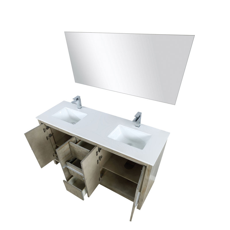 Ensemble de meuble-lavabo double en acacia rustique l 60 po x P 20 po, plateau en marbre de culture, robinet chromé et miroir de 55 po