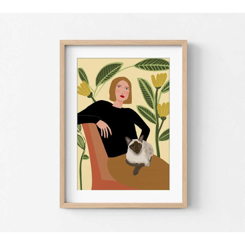 Dame et chat, art mural: Illustration de plante (encadrée ou imprimée seulement), H 48 po x l 36 po, Tanné