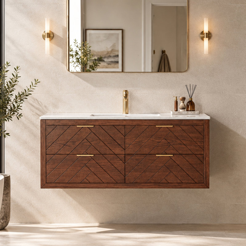 Meuble-lavabo simple mural et flottant avec lavabo en céramique, Noyer, 48"