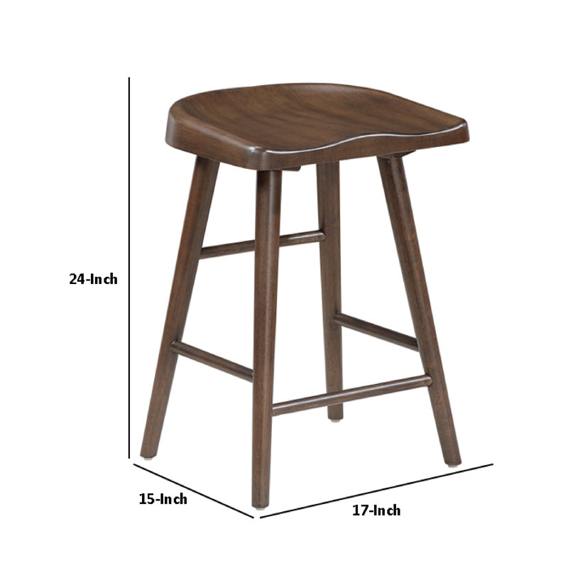 Vira 24 Inch Counter Height Stool Set Of 2, Saddle Seat, Brown Wood, Counter Stool (24” Seat Height)