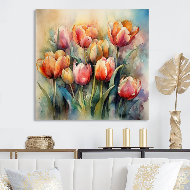 Orange Serenade de tulipes - art mural de tulipe pour le salon, H 36 po x l 36 po x P 1,5 po, Toile tendue
