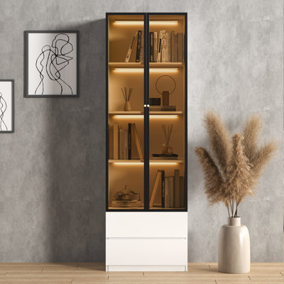 Vitrine moderne Crafton de 191 cm de hauteur, blanche, avec portes en verre trempé bronze et 2 tiroirs. Meuble de rangement en bois pour la cuisine, vitrine/bibliothèque avec éclairage DEL sans fil, idéal pour la salle à manger, le salon, la chambre ou le bureau.