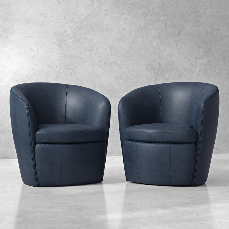 Azurdee Top Grain Genuine Italian Leather Swivel Barrel Chair (Set of 2), Vintage Navy