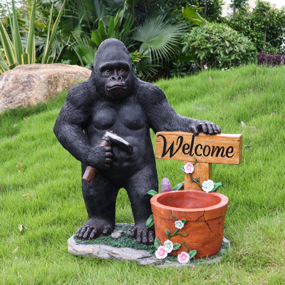 Statue de gorille unique avec statues et pot de fleurs de gorille, sculptures de jardin Kingkong