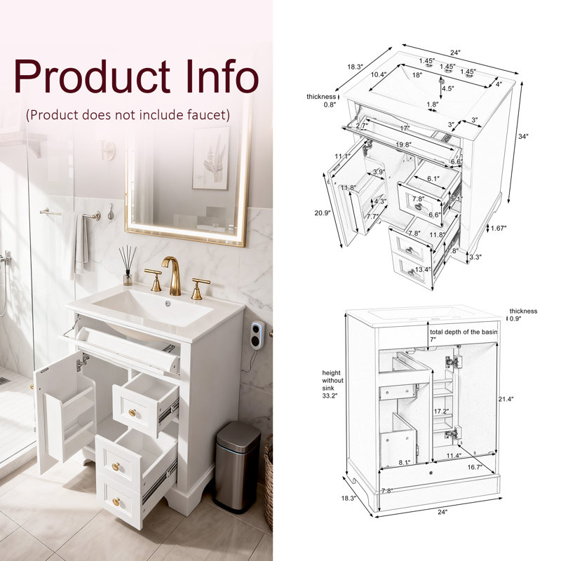 Meuble-lavabo moderne 24 po avec lavabo en céramique, Blanc