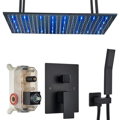 Matte Black Shower Faucet Set 16x32" LED Large Rainfall Head Combo Ceiling Mount