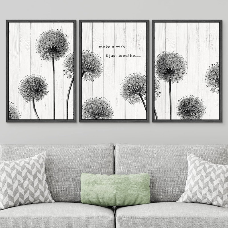 Panneau de bois style fleurs de pissenlit foncé, impression sur toile, 3 pièces, Noir, H 36 po x l 72 po x P 1,5 po
