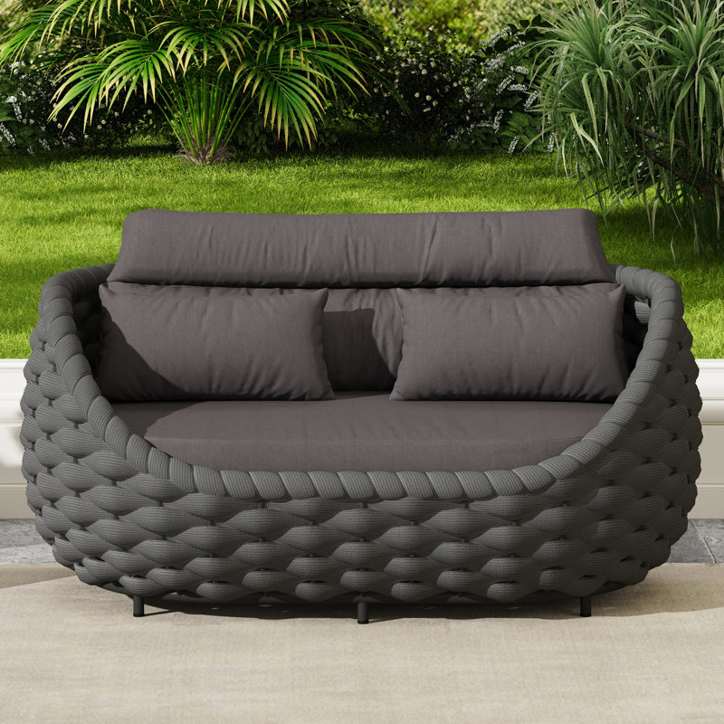 Outdoor Patio Hand-Woven Rope Powder-Coated Aluminum Loveseat Sofa With Cushions, Gray, Dark Gray