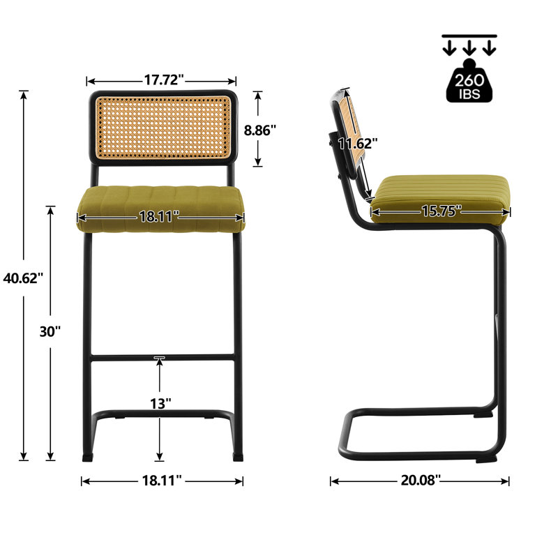 Tabouret rembourré en velours Krickelin, Noir, Vert olive, Tabouret de bar (siège d’une hauteur de 30 po)