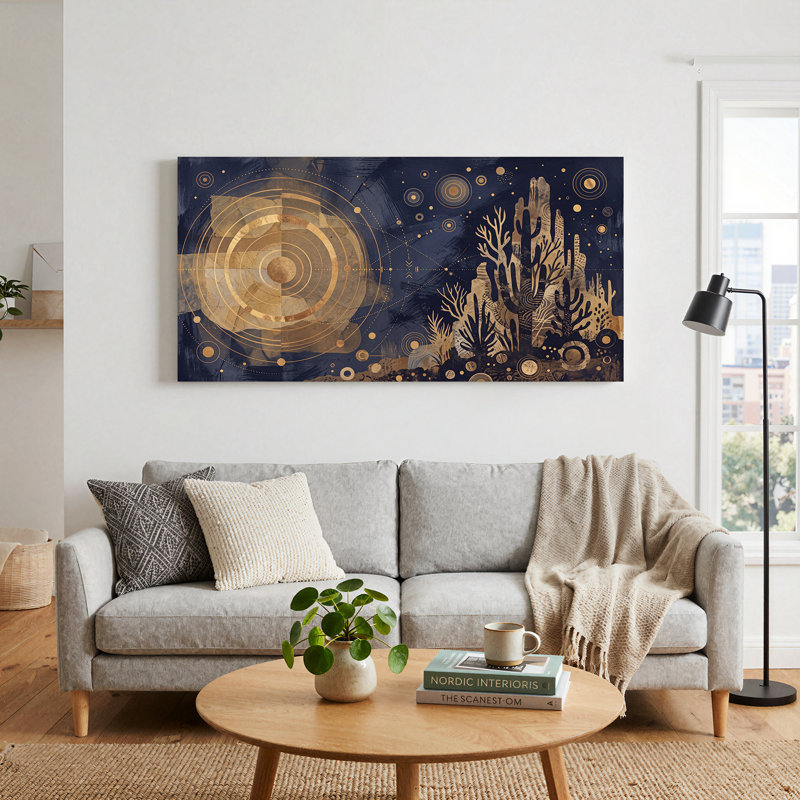 Art mural sur toile bleu marine à anneaux concentriques dorés et cactus, 32“W x 16”H