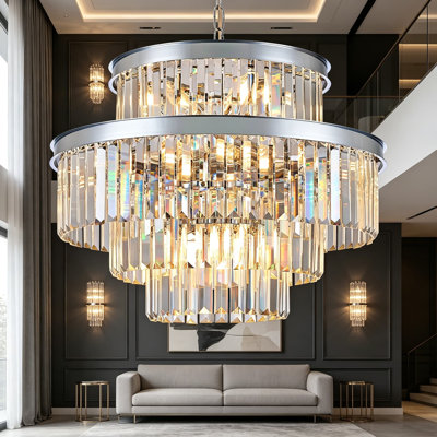 Lustre en cristal moderne de 22 pouces, 15 lumières suspendues à 4 niveaux de plafond chromé, luminaire rond en cristal K9 pour le salon, la salle à manger, la cuisine et la chambre à coucher