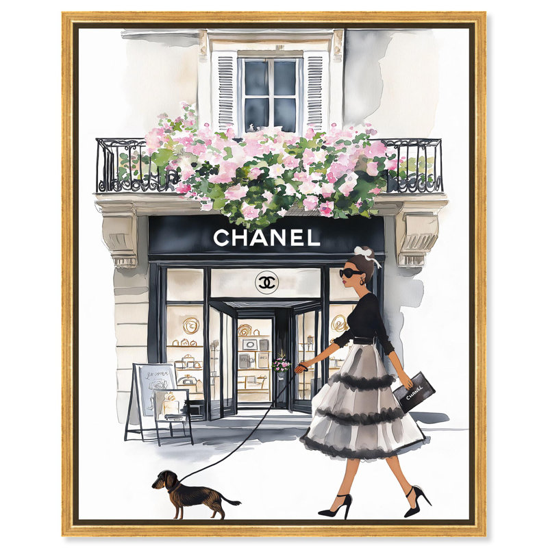 Art mural sur toile Parisian Dog Stroll par Art Remedy, Cadre doré, H 21 po x l 17 po x P 1,8 po