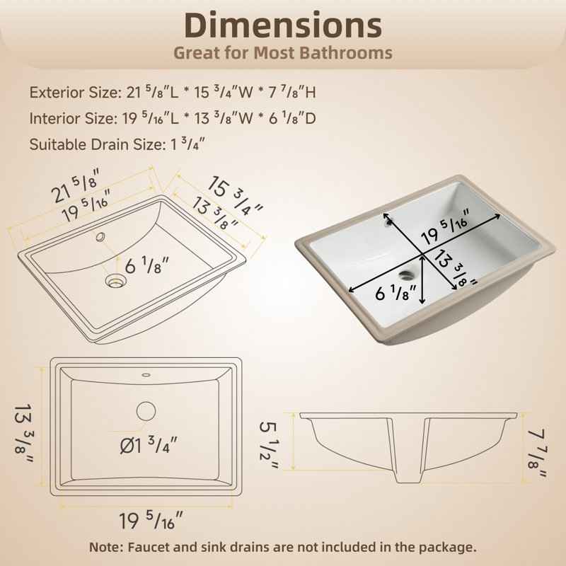 Los Flexi 22" x 16" Undermount Bathroom Sink Rectangular, White Ceramic Vanity Sink with Overflow