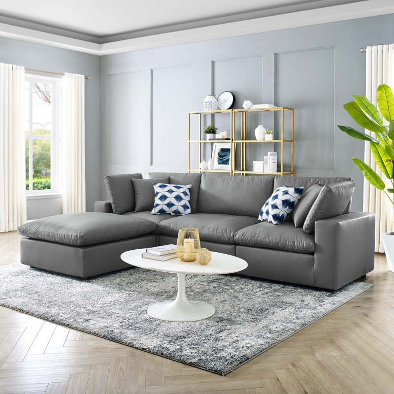 Gray Faux Leather 4-Piece Sectional Sofa with Ottoman and Down Fill