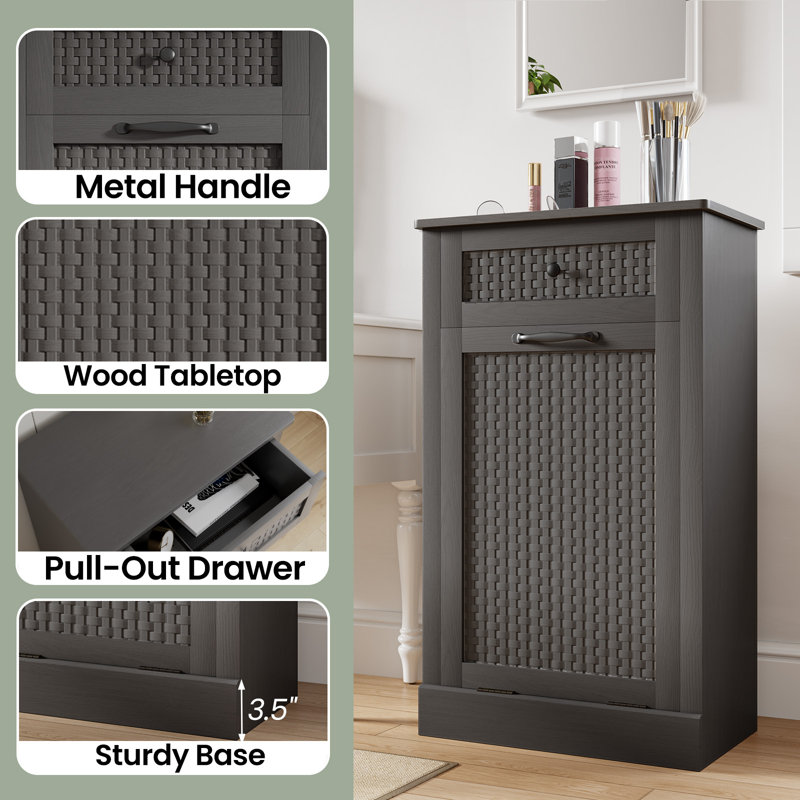 Tilt Out Laundry Hamper Cabinet, Rattan-Style Laundry Room Organization with Removable Laundry Basket, Hidden Wood Dirty Clothes Hamper with Drawer, 21.6" L x 13" W x 35.8" H, Gray
