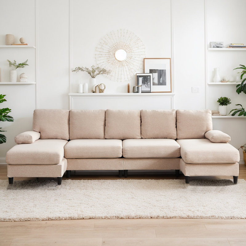 112" U-Shaped Sectional Sofa with Ottoman & 4 Seats, Beige