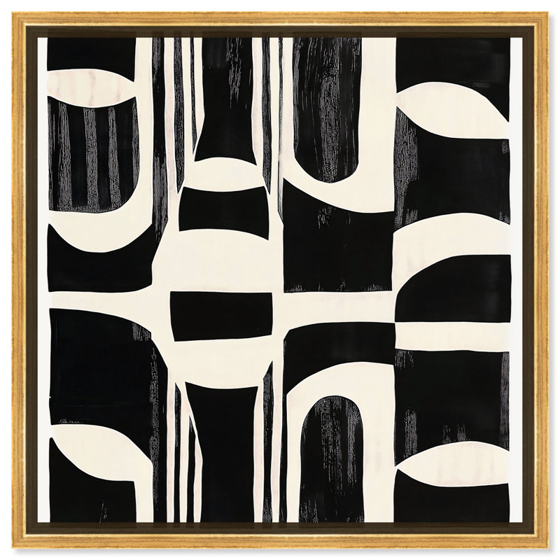 Art abstrait noir sur toile noir, Cadre doré, H 25 po x l 25 po