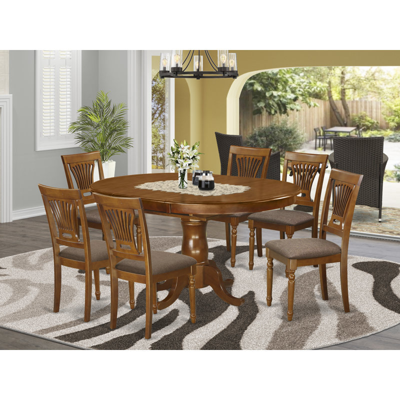 7 Piece Dining Room Furniture Set Consist of an Oval Kitchen Table with Butterfly Leaf and 6 Linen Fabric Chairs, Saddle Brown