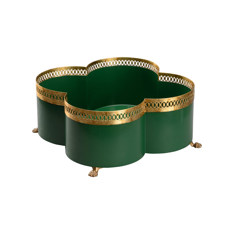 Tracery Cachepot - Navy Blue (SM), Green/Gold, 7" H x 14" W x 14" D