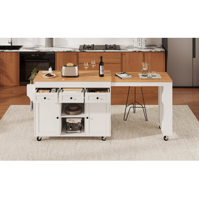 85.5" Kitchen Island with Extendable Dining Table, Kitchen Storage Table with 3 Side Open Shelves, Rolling Kitchen Island with Power Outlet, 3 Drawers, 2 Doors, for Kitchen, Dining Room