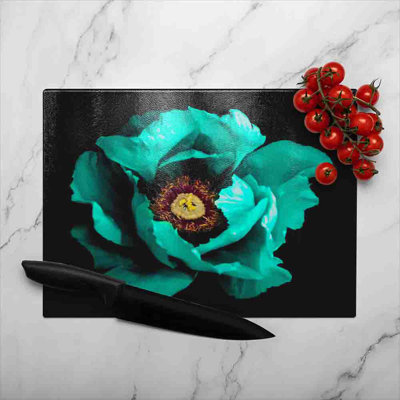 Cyan Peony Flower Glass Chopping Board