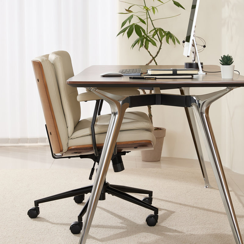 Chaise de bureau à domicile avec accoudoirs et roulettes, fauteuil de bureau pivotant moderne en noyer, Beige