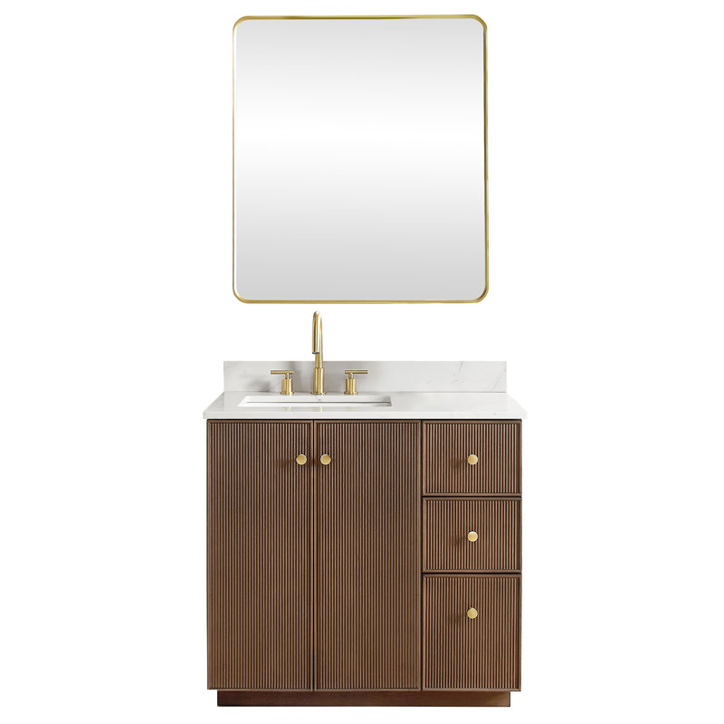 Amella 36'' Free Standing Single Bathroom Vanity with Quartz Top, Dark Brown Oak