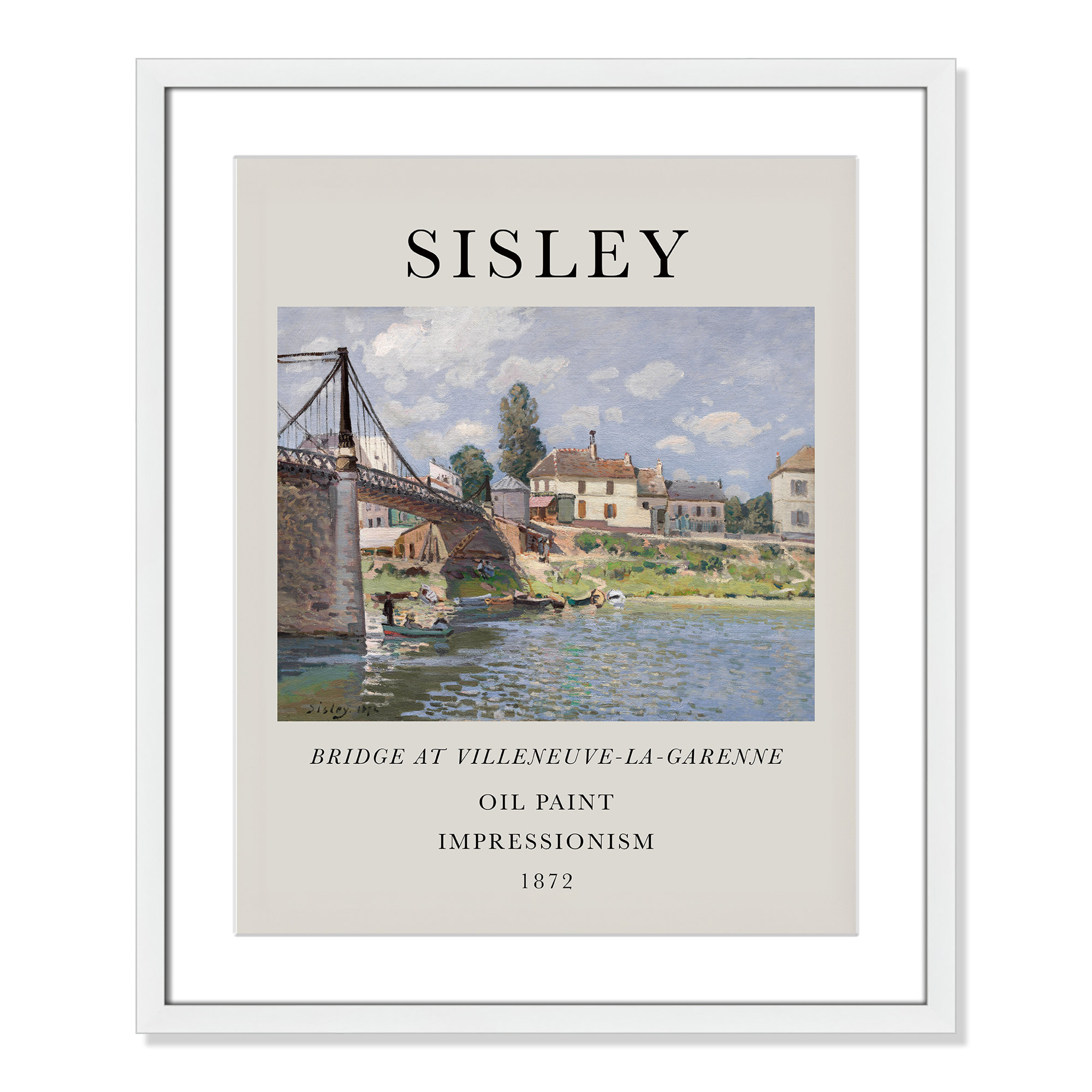 Old Masters Collection " The Bridge At Villeneuve " by Alfred Sisley, White Single Picture Frame, Yes