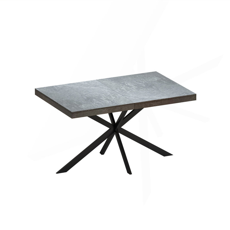 55.11" -70.86" Retro Rectangular Stretch Dining Table, Dark Gray Stone Top And Black Relief Plate Fine Sand Cross Iron Foot Base Dining Table, With Storage Box.
