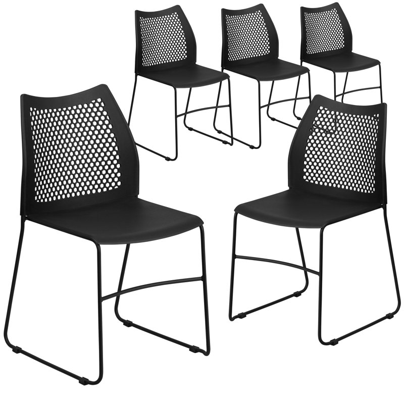 Chaises de vestibule empilables en plastique avec dossier en nid d'abeille Oliverson, Noir, Noir, 5