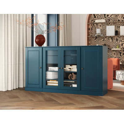 Buffet 100% bois massif 65 po avec portes en verre massif et transparent, 2 tiroirs et tablettes réglables