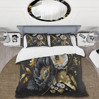 Golden Gothic Floral Bouquet II - Floral Duvet Cover Set - Microfiber Polyester