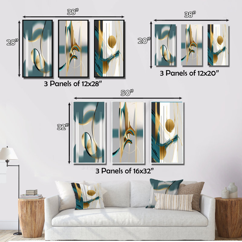 «Pleine lune or et turquoise minimalisme I», 3 pièces sur toile, Cadre flottant doré, H 40 po x l 60 po