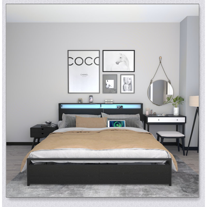 Storage Headboard With Charging Station, Solid And Stable, Noise Free, No Box Spring Needed, Easy Assembly, Black