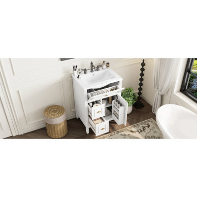 Meuble-lavabo de 24 po avec lavabo, tiroir en bois massif et un tiroir rabattable, deux tiroirs, tablette réglable, grand espace de rangement, protection contre le débordement, espace de rangement avec poignées en métal doré,