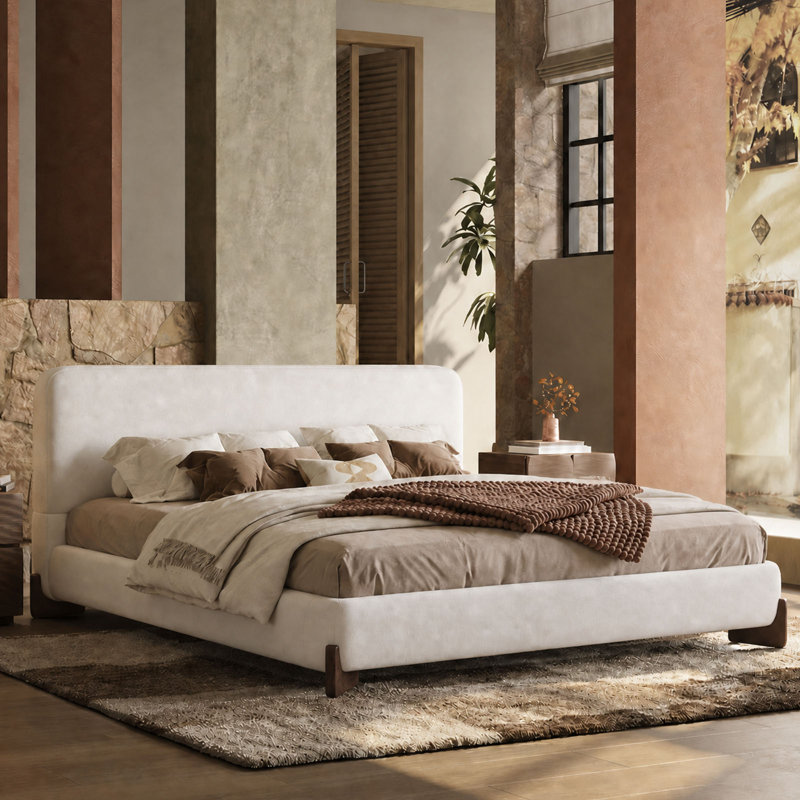 Base de lit grand format Cloud, lit plateforme tapissier blanc avec tête de lit souple, pieds en bois massif, aucun sommier requis, assemblage facile