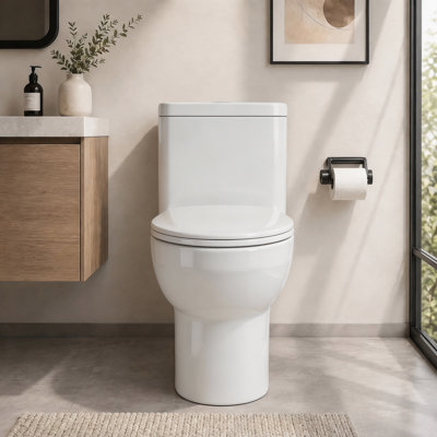 WC monobloc moderne pour salle de bain (1,28/0,8 gal/min), double chasse d'eau avec cuvette sans bride, système de chasse à siphon Tornado et abattant à fermeture amortie.