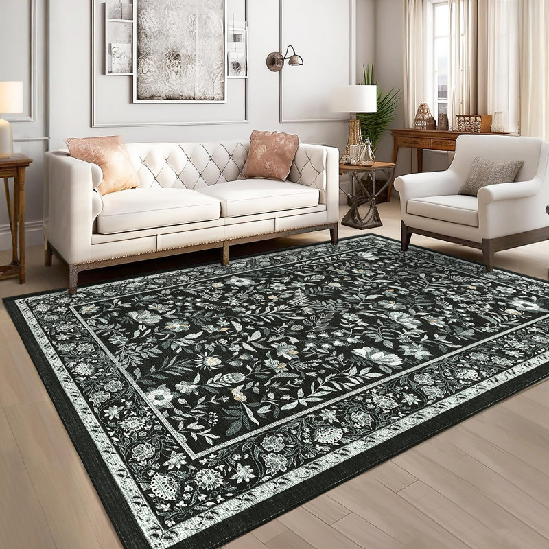 Botanical Floral Rug 5x7 Washable Rug for Living Room, Soft Non Shedding Carpet with Non Slip TPR Backing, Low Pile Thin Foldable Printed Mat for Bedroom Nursery, Black