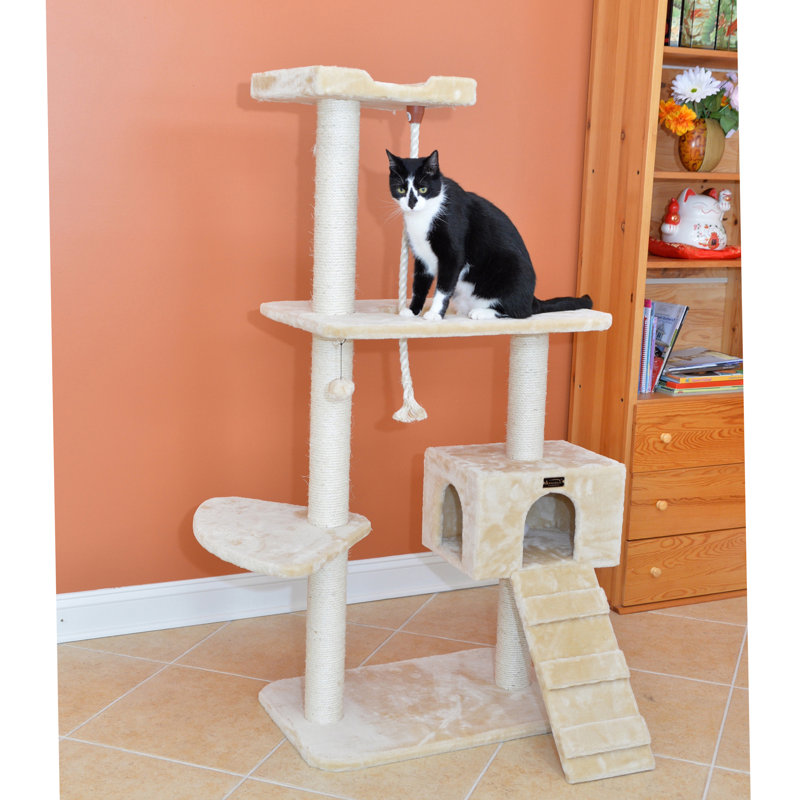 Beige Freestanding Sisal Cat Tree with Condo and Perches