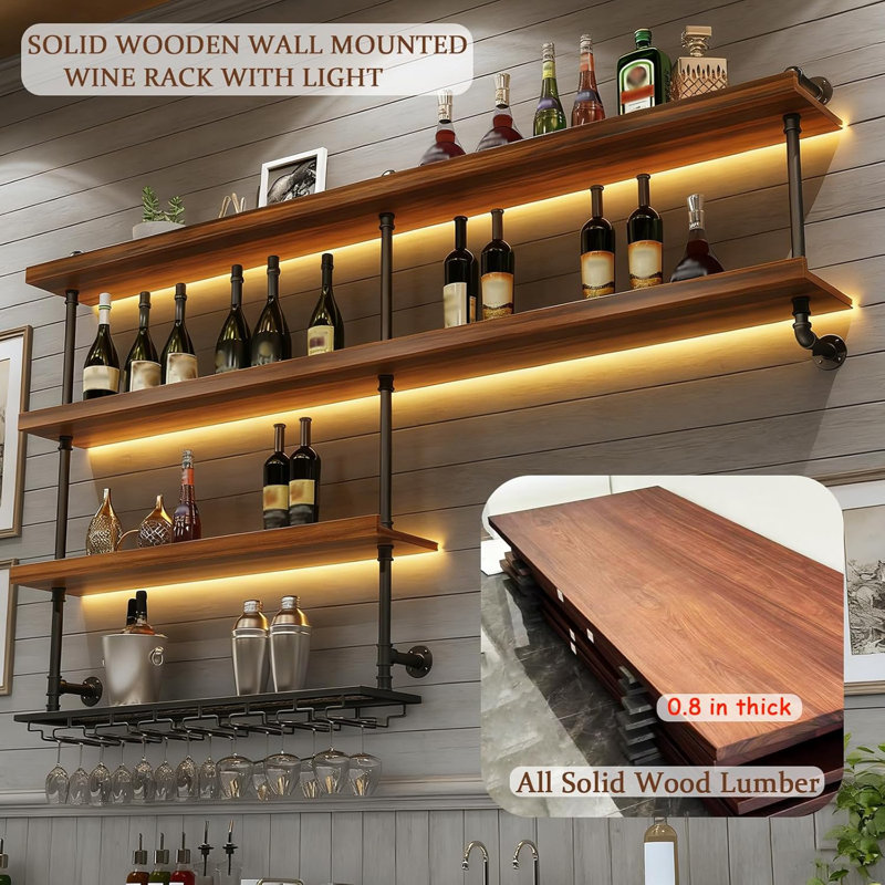 Grand support à vin mural à 4 niveaux, tablettes de bar avec lumières à DEL et porte-verre, tablettes flottantes en bois massif pour bouteilles de liqueur en fer, pour affichage mural complet de bar / restaurant (157,4 po / 400 cm)