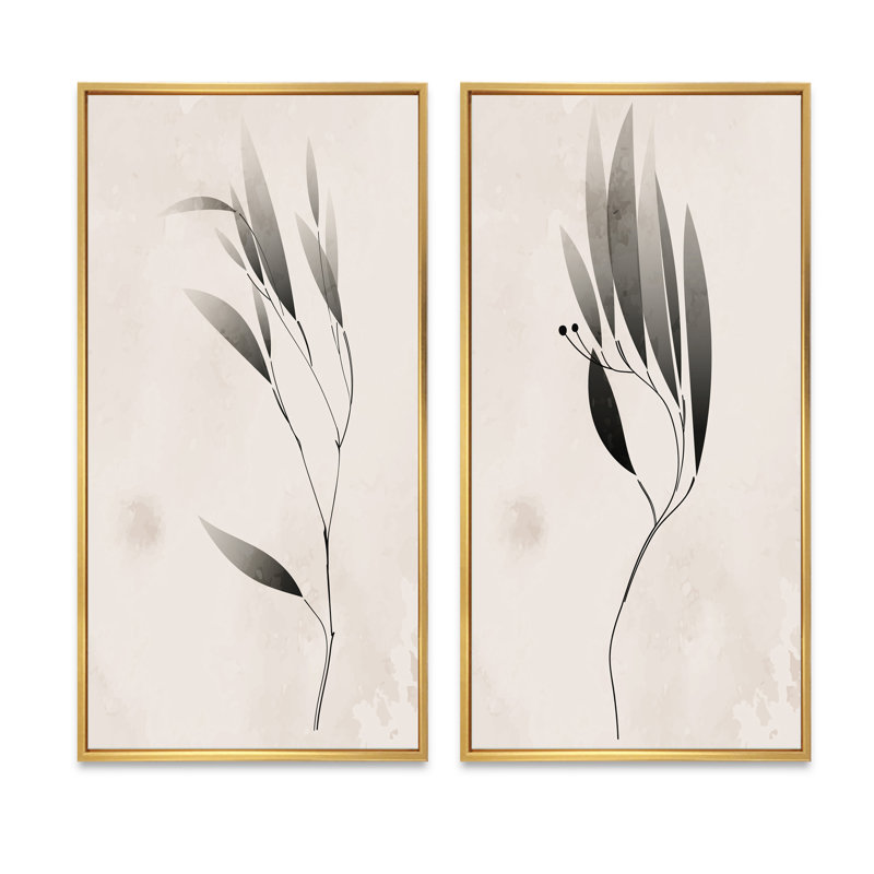 Abstrait, monochrome rétro, plante, silhouettes I, ensemble de 2 impressions, H 40 po x l 40 po x P 1,5 po